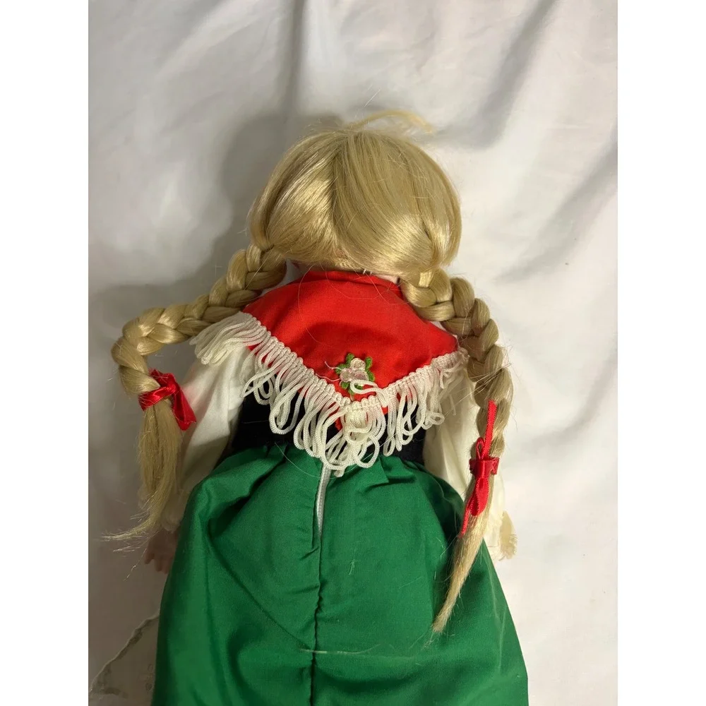 Vintage Porcelain German Alpine Folk Doll Blonde Braids Green Dirndl Outfit 16in